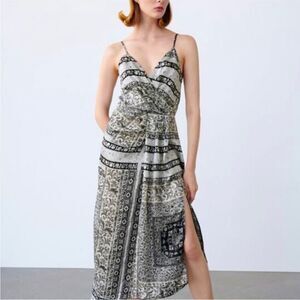 ZARA | Scarf Print Black & White Wrap Style Midi Dress Women’s Size Small